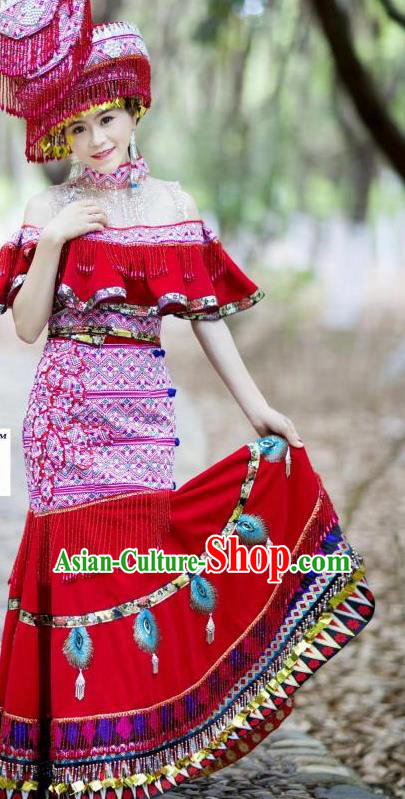 China Ethnic Nationality Bride Costumes with Headdress Yunnan Yao Minority Red Tassel Blouse and Skirt Top Quality Women Dance Clothing