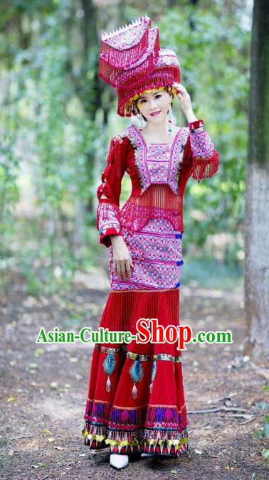 China Ethnic Nationality Bride Costumes with Headdress Yunnan Yao Minority Red Tassel Blouse and Skirt Top Quality Women Dance Clothing