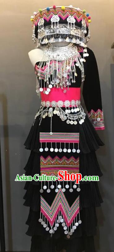 China Wenshan Miao People Clothing Female Photography Embroidered Outfits Miao Ethnic Minority Black Dress and Headpiece