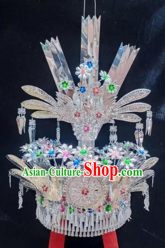 Chinese Traditional Colorful Beads Headdress Miao Ethnic Wedding Bride Phoenix Hat Minority Folk Dance Hair Accessories
