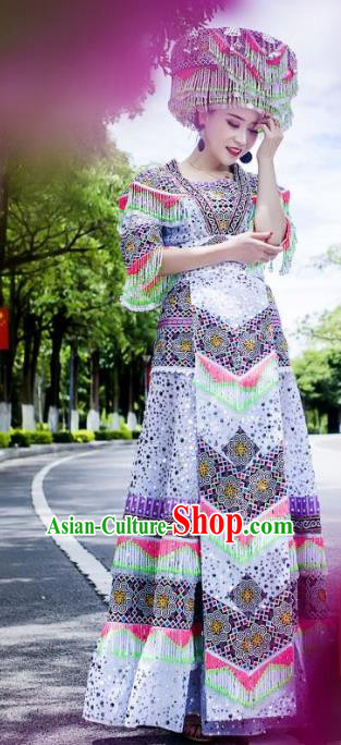 Top China Miao Ethnic Women Costumes Yunnan Minority Nationality Folk Dance Clothing Stage Performance Blouse and Long Skirt With Hat