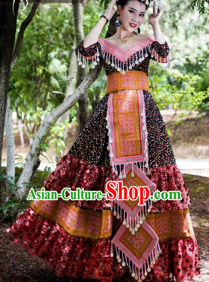 Top China Yunshan Miao Ethnic Costumes Minority Nationality Women Clothing Black Blouse and Long Skirt with Hat Full Set