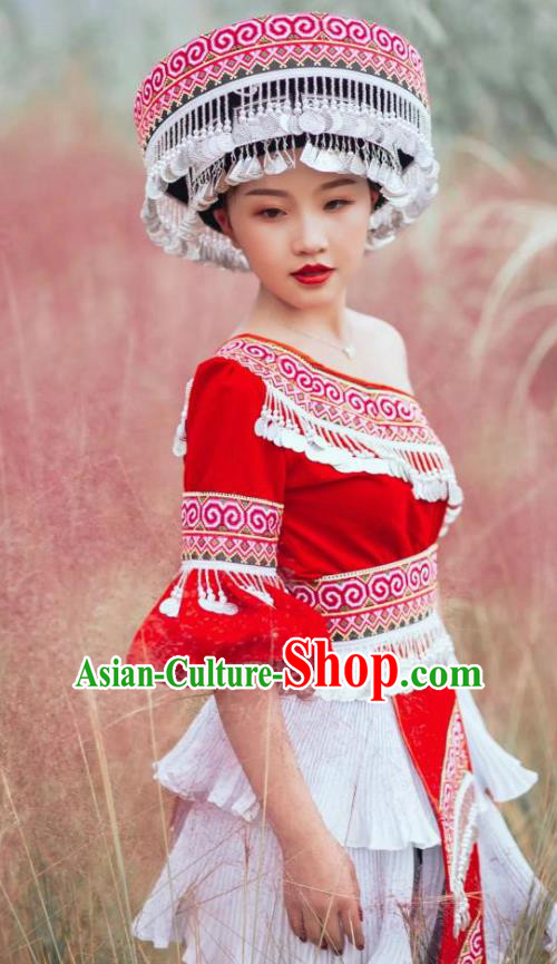 China Guizhou Miao Ethnic Female Costumes Minority Nationality Photography Clothing Miao People Red Blouse and Short Skirt with Tassel Round Hat