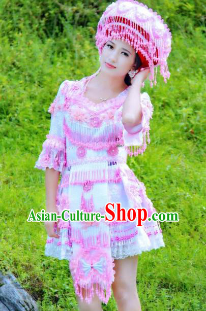 China Ethnic Bride Light Blue Blouse and Short Skirt with Hat Miao Ethnic Nationality Wedding Costumes
