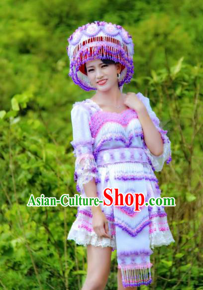China Miao Ethnic Folk Dance Clothing with Hat Miao Nationality Women Fashion Costumes Lilac Beads Tassel Blouse and Short Skirt