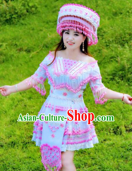 Top Quality China Guizhou Ethnic Light Blue Blouse and Short Skirt Fashion with Headdress Miao Nationality Folk Dance Clothing