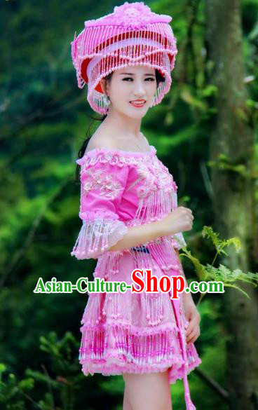 Top Quality China Minority Fashion with Headdress Miao Nationality Folk Dance Clothing Liangshan Ethnic Purple Blouse and Short Skirt