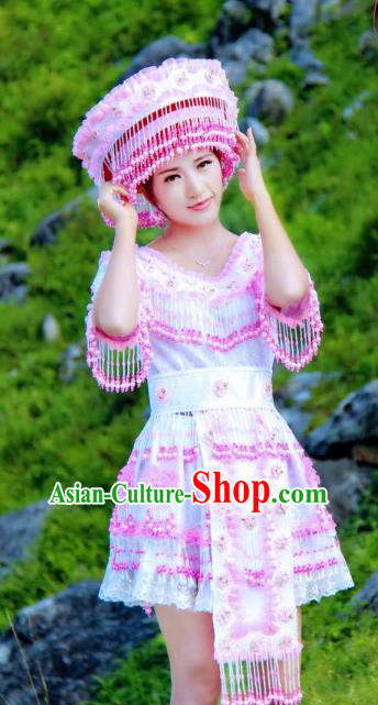 China Minority Dance Performance Fashion with Headdress Top Quality Miao Nationality Female Clothing Ethnic Light Blue Blouse and Short Skirt Outfits