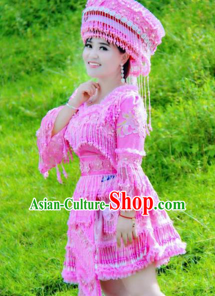 China Yunshan Miao People Fashion with Headdress Top Quality Miao Nationality Female Clothing Ethnic Rosy Blouse and Short Skirt Minority Dance Outfits