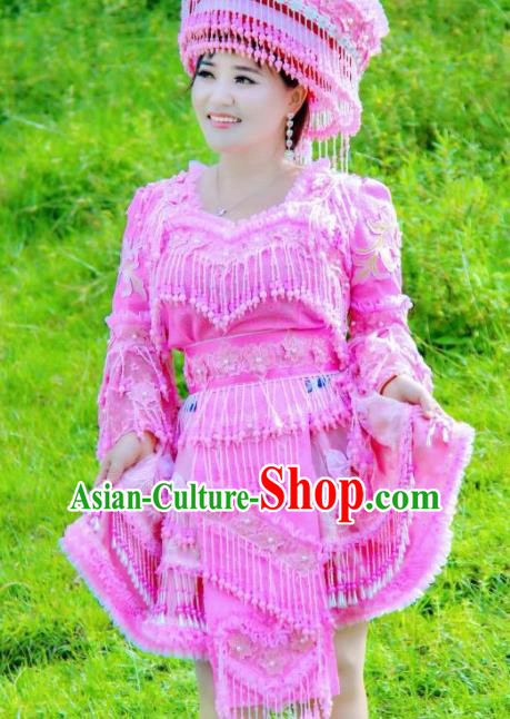 China Yunshan Miao People Fashion with Headdress Top Quality Miao Nationality Female Clothing Ethnic Rosy Blouse and Short Skirt Minority Dance Outfits