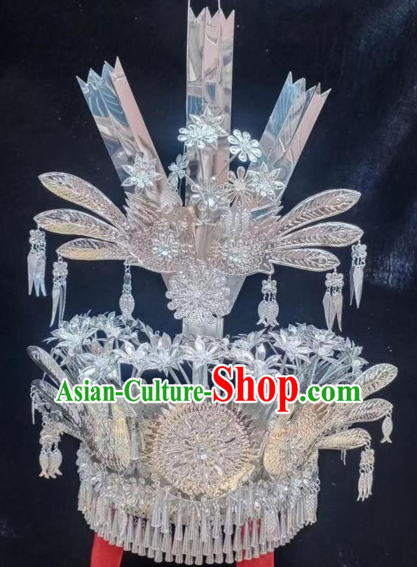 Chinese Traditional Minority Women Folk Dance Headdress Bride Hair Accessories Miao Ethnic Wedding Argent Phoenix Hat