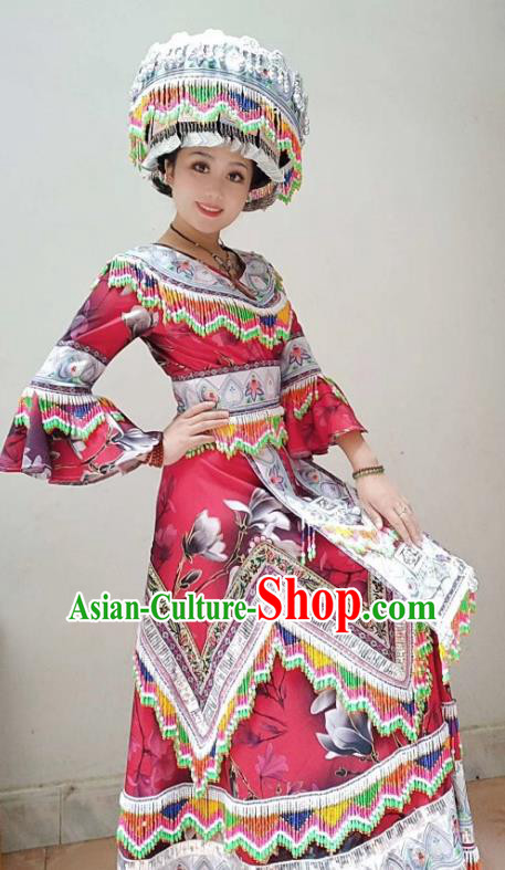 China Guizhou Miao Ethnic Printing Fashion Top Quality Miao Nationality Folk Dance Clothing Photography Dress with Hat