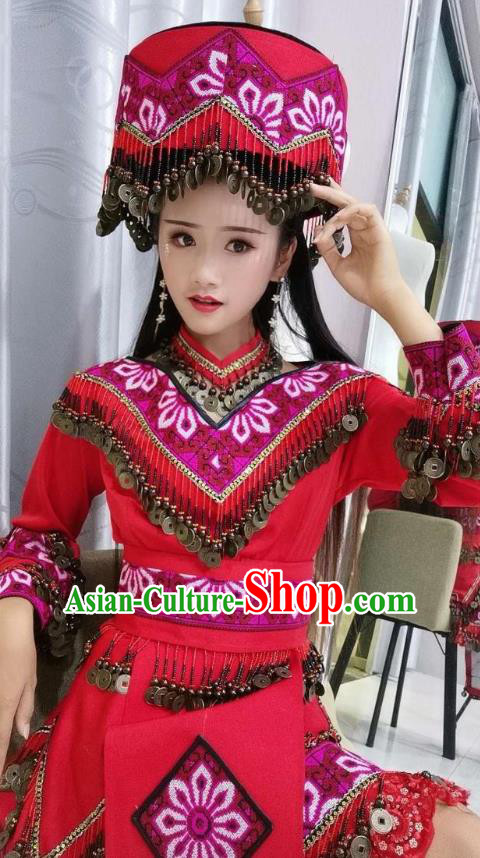 China Ethnic Photography Clothing Guizhou Miao Nationality Fashion Top Quality Folk Dance Red Dress with Hat