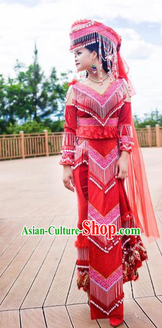 Top Quality Yunnan Folk Dance Red Dress Ethnic Fashion China Miao Nationality Wedding Bride Clothing with Headwear