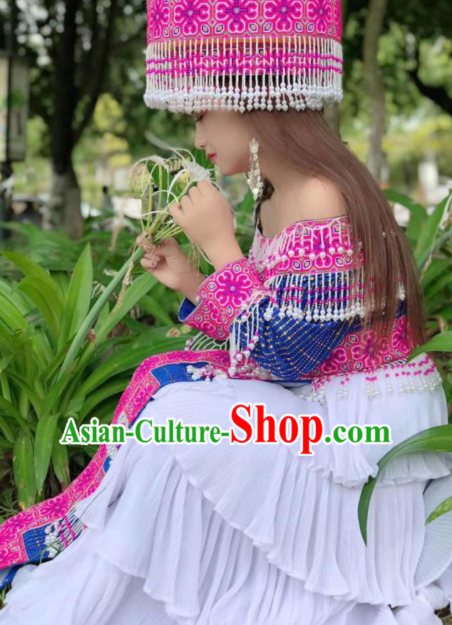 China Miao Ethnic Wedding Dress Embroidered Costumes Top Quality Miao Nationality Fashion Minority Bride Dress and Rosy Headwear