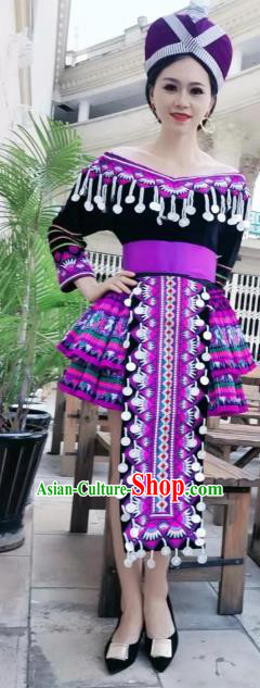 China Yunnan Minority Dance Dress Yi Ethnic Nationality Female Embroidered Costumes and Hat