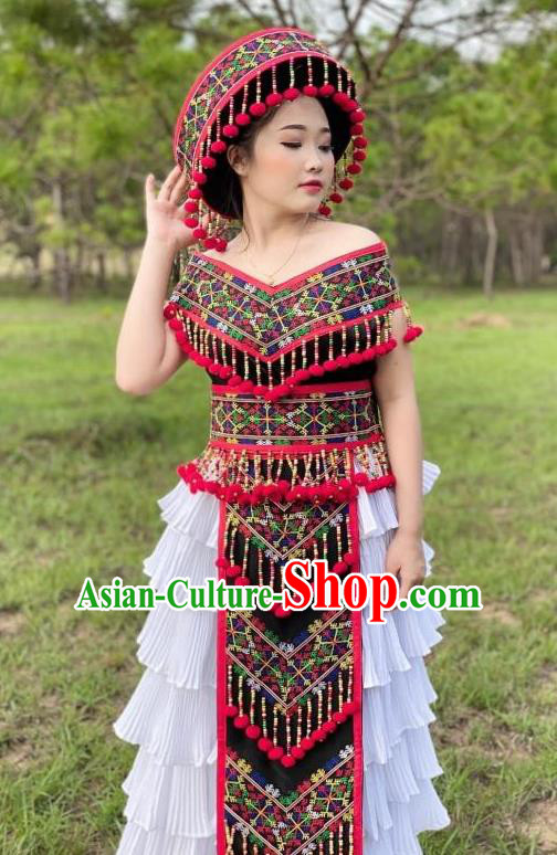 China Yunnan Yi Minority Women Dress Ethnic Nationality Stage Performance Embroidered Costumes and Headwear