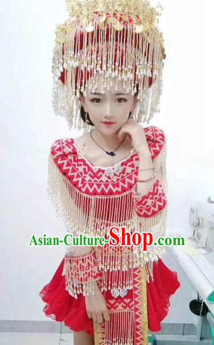 China Sichuan Ethnic Red Blouse and Short Skirt Nationality Folk Dance Costumes Minority Women Clothing with Headdress