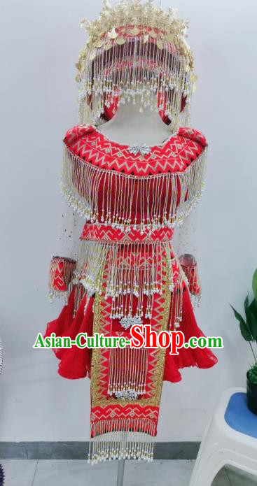 China Sichuan Ethnic Red Blouse and Short Skirt Nationality Folk Dance Costumes Minority Women Clothing with Headdress