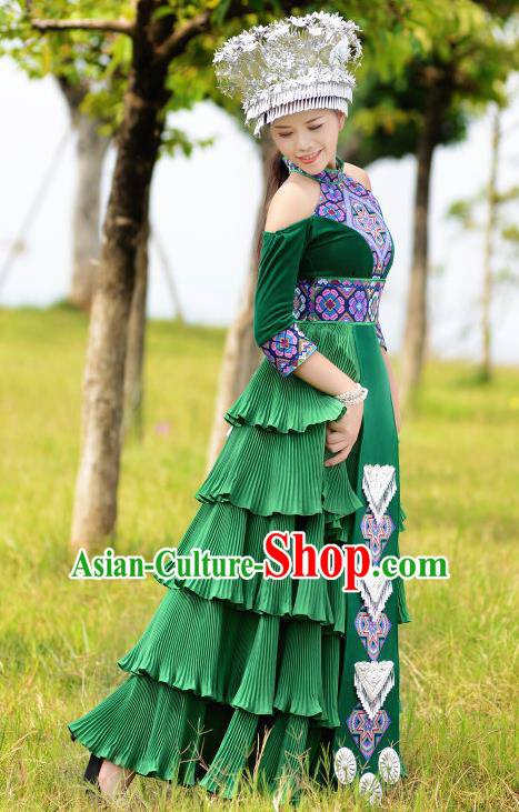 Quality China Miao Ethnic Women Apparels Festival Celebration Green Dress Yunnan Minority Folk Dance Clothing and Headwear