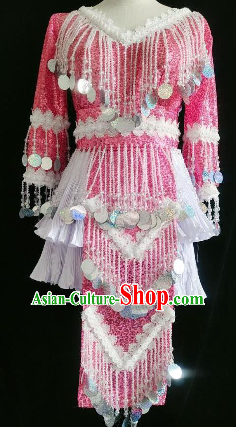 China Miao Nationality Rosy Sequins Blouse and Skirt Minority Women Folk Dance Clothing Ethnic Fashion
