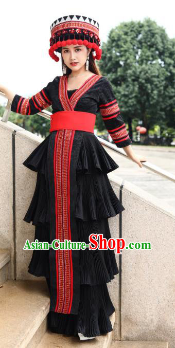 Top Quality China Yao Ethnic Women Black Dress Apparels Guizhou Minority Folk Dance Costumes Festival Celebration Clothing and Hat