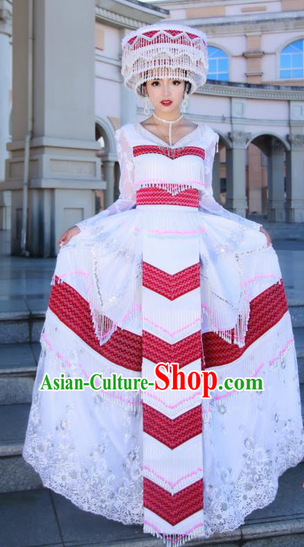 Yunnan Minority Bride White Long Dress Traditional Festival Celebration Costumes China Miao Ethnic Wedding Women Apparels and Headwear