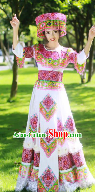 Guangxi Minority Bride Long Dress China Miao Ethnic Wedding Apparels Traditional Festival Celebration Women Costumes and Headwear