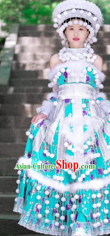 China Mengzi Miao Nationality Wedding Green Blouse and Long Skirt Minority Bride Clothing Ethnic Fashion with Headdress