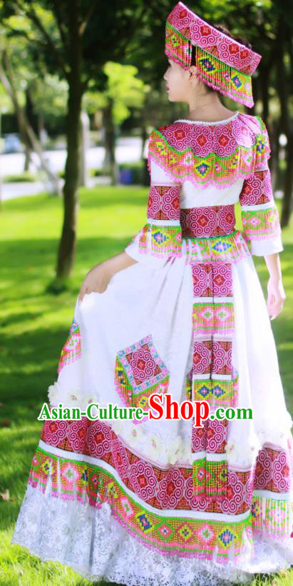 Guangxi Minority Bride Long Dress China Miao Ethnic Wedding Apparels Traditional Festival Celebration Women Costumes and Headwear