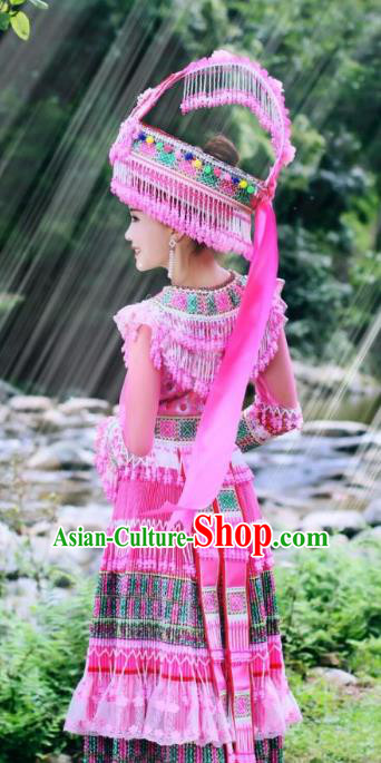 Sichuan Yao Minority Folk Dance Pink Long Dress Traditional Miao Ethnic Wedding Costumes China Women Apparels and Headdress