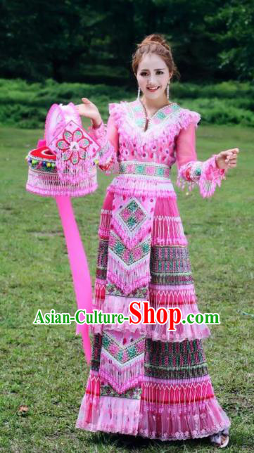 Sichuan Yao Minority Folk Dance Pink Long Dress Traditional Miao Ethnic Wedding Costumes China Women Apparels and Headdress