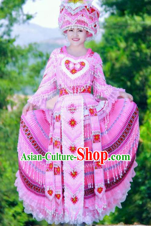 China Guizhou Miao Minority Folk Dance Pink Long Dress Women Apparels Traditional Ethnic Wedding Costumes and Headdress