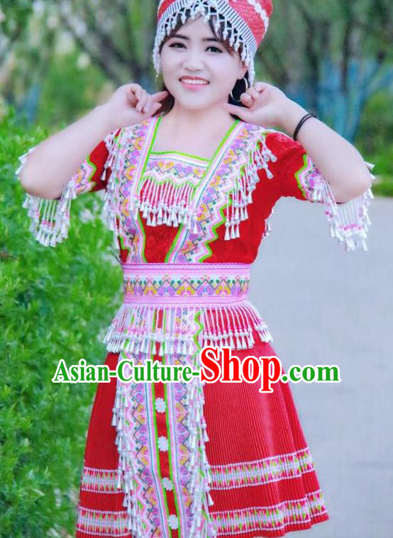 China Ethnic Apparels Miao Minority Folk Dance Red Short Dress Traditional Nationality Women Costumes and Hat