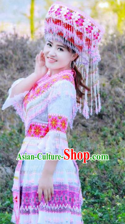 China Ethnic Summer Apparels Traditional Miao Nationality Women Costumes Yunnan Minority Pink Short Dress Folk Dance Clothing and Hat