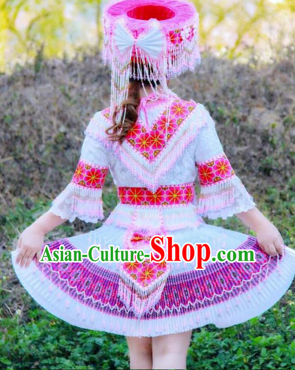 China Ethnic Summer Apparels Traditional Miao Nationality Women Costumes Yunnan Minority Pink Short Dress Folk Dance Clothing and Hat