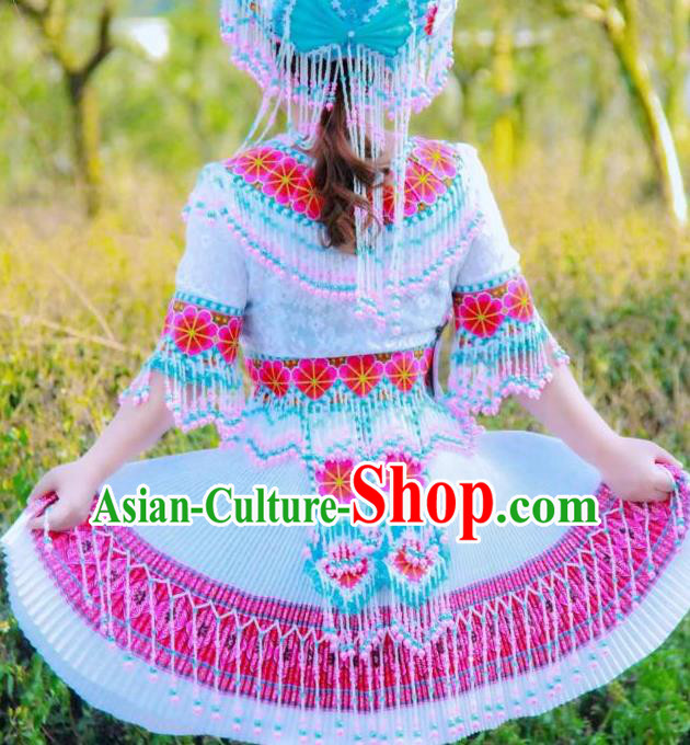 China Miao Ethnic Beads Tassel Apparels Traditional Nationality Folk Dance Costumes Yunnan Minority Women Short Dress and Headpiece