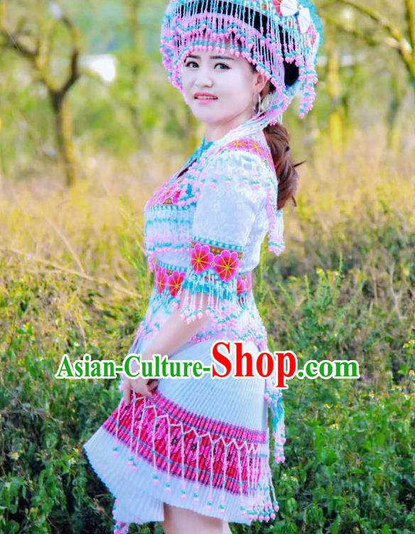 China Miao Ethnic Beads Tassel Apparels Traditional Nationality Folk Dance Costumes Yunnan Minority Women Short Dress and Headpiece