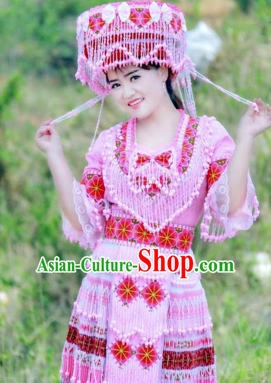 China Miao Ethnic Women Apparels Traditional Nationality Folk Dance Costumes Yunnan Minority Beads Tassel Short Dress and Hat
