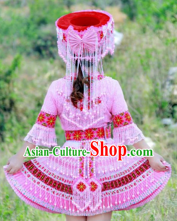 China Miao Ethnic Women Apparels Traditional Nationality Folk Dance Costumes Yunnan Minority Beads Tassel Short Dress and Hat