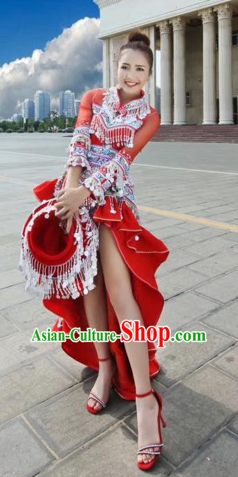 China Minority Women Red Dress Ethnic Folk Dance Apparels Traditional Miao Nationality Stage Performance Costumes and Headpiece