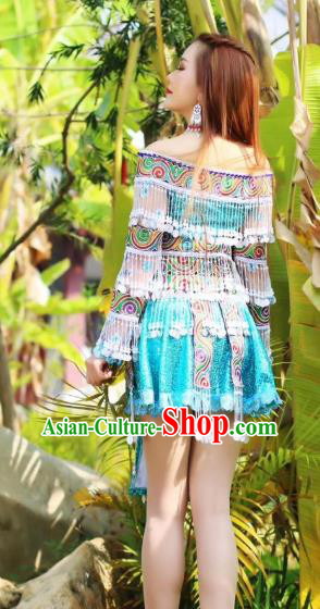China Nationality Folk Dance Clothing Off Shoulder Blouse and Short Skirt Miao Minority Ethnic Women Stage Performance Costumes