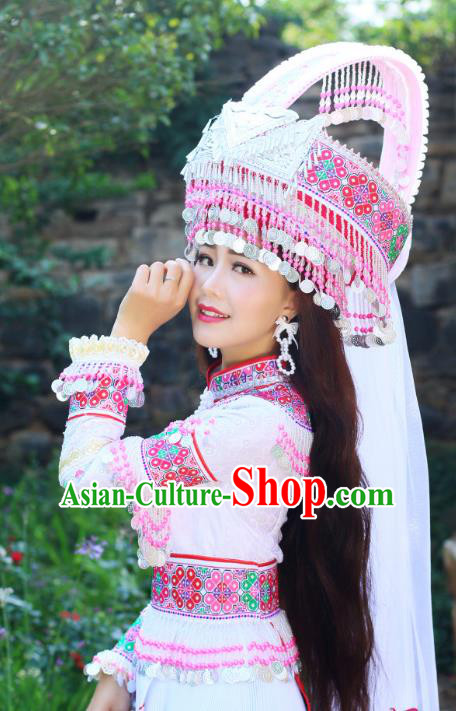 China Yao Minority Stage Performance Long Dress Traditional Ethnic Folk Dance Apparels Nationality Wedding Bride Costumes and Headdress