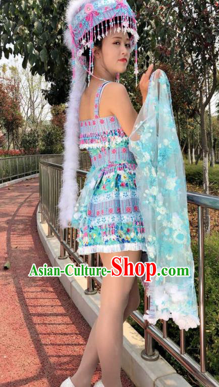 China Yunnan Minority Costumes Traditional Ethnic Folk Dance Apparels Miao Nationality Outer Wear and Short Dress and Hat