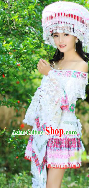 China Wenshan Miao Minority Costumes Traditional Yunnan Ethnic Folk Dance Apparels Nationality White Short Dress and Headwear