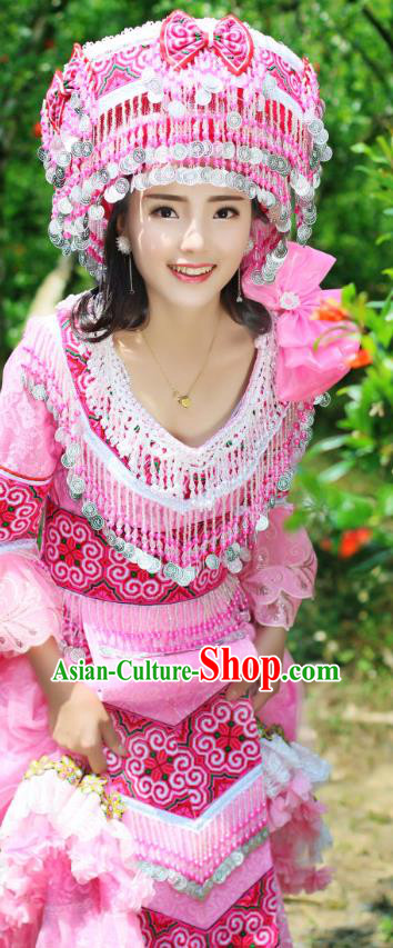 China Yao Minority Costumes Traditional Ethnic Folk Dance Apparels Tujia Nationality Bride Pink Long Dress and Headdress