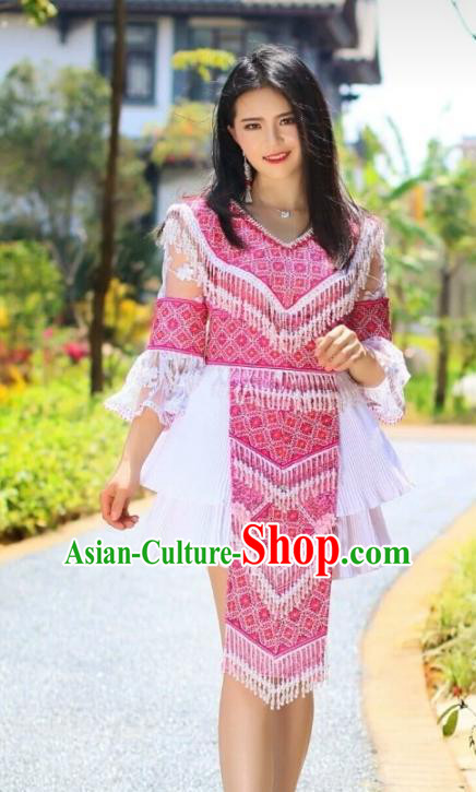 Travel Photography Ethnic Costumes China Miao Nationality Clothing Rosy Blouse and Short Skirt with Headwear