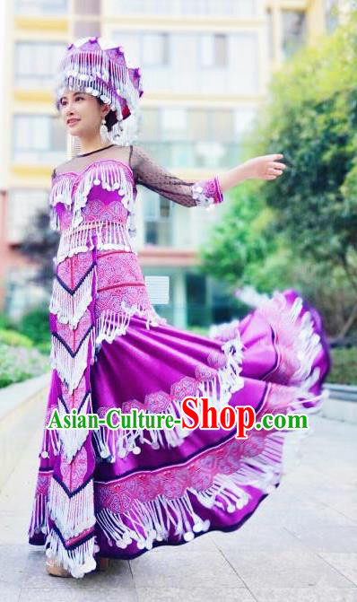 China Traditional Yunnan Miao Ethnic Folk Dance Apparels Minority Stage Performance Purple Long Dress Nationality Women Costumes and Headwear