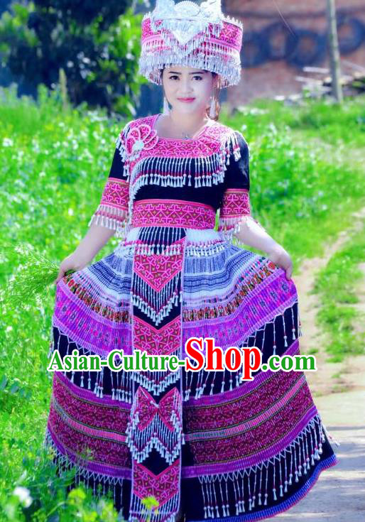 China Wenshan Miao Nationality Long Dress and Hat Traditional Ethnic Folk Dance Apparels Yunnan Minority Costumes