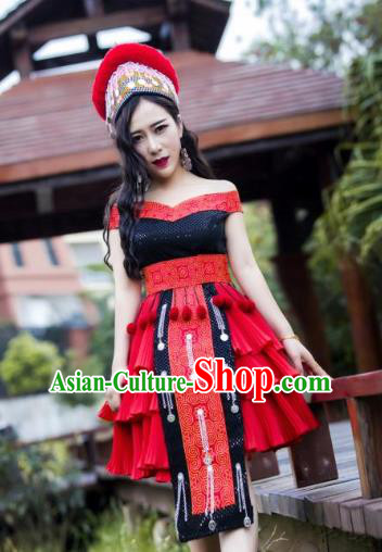 China Miao Nationality Red Short Dress and Hat Traditional Ethnic Folk Dance Apparels Yunnan Minority Sexy Costumes